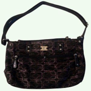 Women's Black Coach Purse w/ Gold Pattern Print      Approximate  15in. X 9 in.